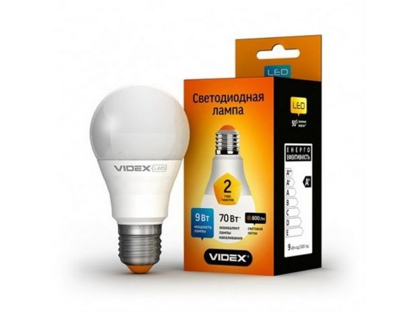  Videx LED, E27, 9W, ( 60W), 3000K ( ),   - + (VL-A60e-09273) -  1