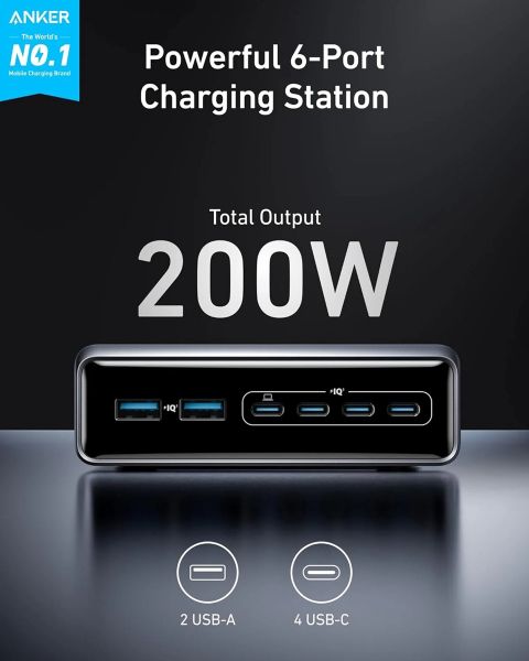    Anker GaNPrime Charger - 200W, 4xUSB-C PD & 2xUSB-A Black (A2683341) -  4