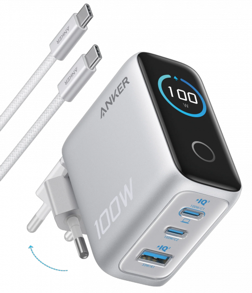 ��������� �������� ������� Anker GaN Charger 100W, 2xUSB-C PD & 1xUSB-A w Display and Cable Silver (B121BG41) - �������� 1