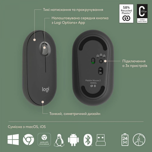 IT ����� Logitech Pebble 2 Combo - Tonal Graphite - US INT'L - 2.4GHZ/BT (L920-012239) - �������� 4