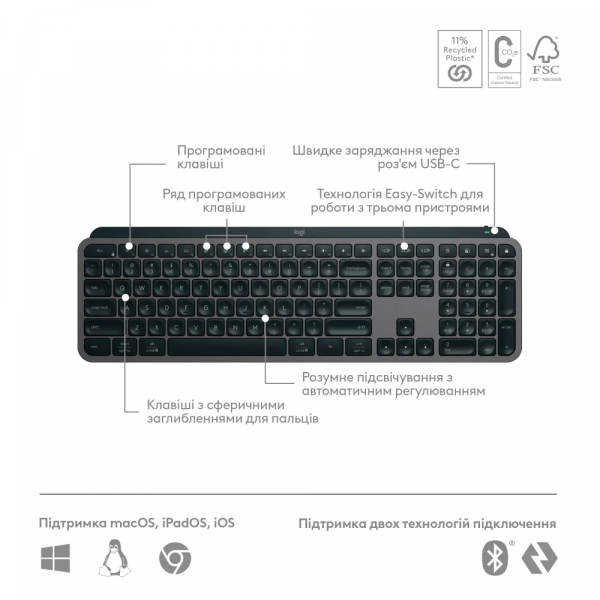 ��������� Logitech MX Keys S, Wireless, Plus Palmrest, Graphite (L920-011589) - �������� 8