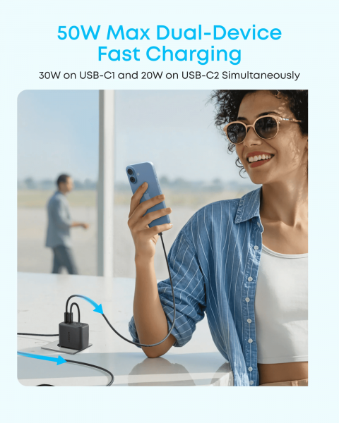 ��������� �������� ������� Anker Zolo Charger - 50W, 2xUSB-C & 2xUSB-A Black (A121EG11) - �������� 6