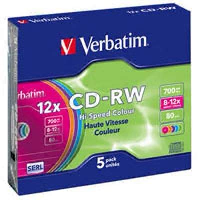  CD Verbatim CD-RW 700Mb 12X SlimBox 5 Color (43167) -  1