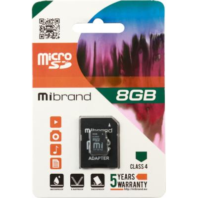   microSDHC, 8Gb, Class4, Mibrand, SD  (MICDC4/8GB-A) -  1