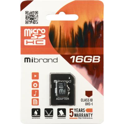   microSDHC, 16Gb, Class10, Mibrand, SD  (MICDHU1/16GB-A) -  1