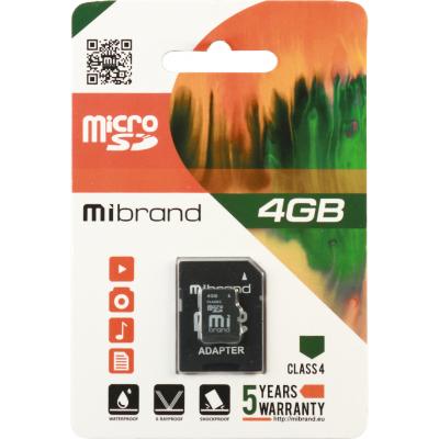   microSDHC, 4Gb, Class4, Mibrand, SD  (MICDC4/4GB-A) -  1