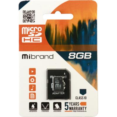   microSDHC, 8Gb, Class10, Mibrand, SD  (MICDHC10/8GB-A) -  1