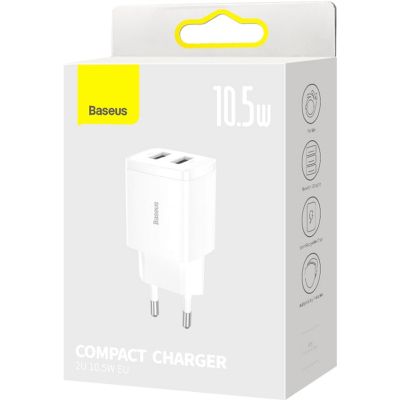   USB 220 Baseus CCXJ010202 Compact Charger 2U 10.5W, 2xUSB, EU White -  8