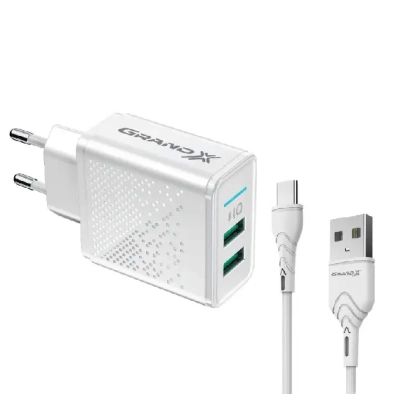   USB 220 Grand-X 5V 3,1A (CH-60WT) 2USB, White +  Type C -  1
