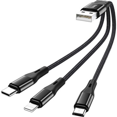 ���� ������ USB 2.0 AM to Lightning + Micro 5P + USB-C 0.25m 2.4A nylon X47 black HOCO (6931474727398) - �������� 2