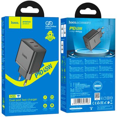   HOCO N35 Streamer 2xUSB-C PD45W GaN Black (6931474797193) -  4