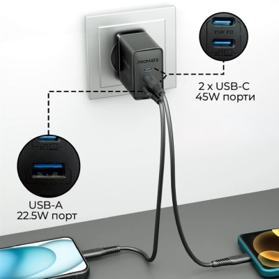   Promate powerport-45 2xUSB-C PD + USB-A QC 45W Black (powerport-45.black) -  4