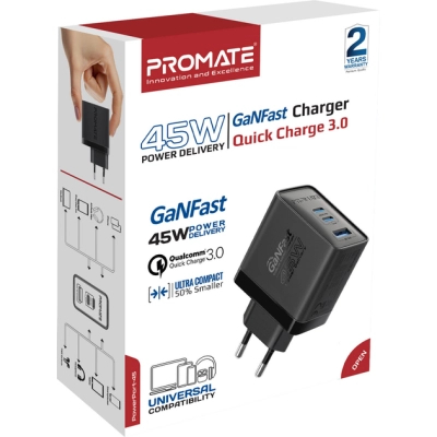   Promate powerport-45 2xUSB-C PD + USB-A QC 45W Black (powerport-45.black) -  6
