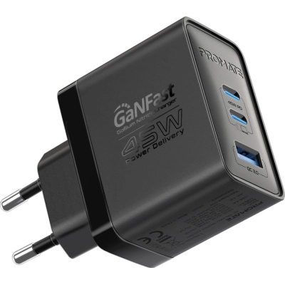   Promate powerport-45 2xUSB-C PD + USB-A QC 45W Black (powerport-45.black) -  1