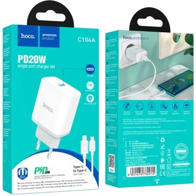   HOCO C104A USB-C PD20W + cable USB-C to USB-C white (6931474782915) -  2