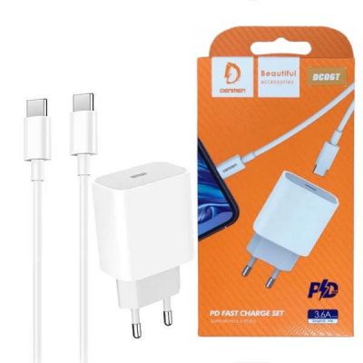   Denmen USB-C PD20W 3.6A + cable USB-C to USB-C white (DM-DC06T-WH) -  2