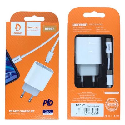   Denmen USB-C PD20W 3.6A + cable USB-C to USB-C white (DM-DC06T-WH) -  5