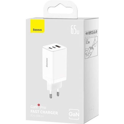 �������� ���������� Baseus 2xUSB-C 65W + 1xUSB GaN + cable USB-C to USB-C 100W 1.0m white (CCGP120202) - �������� 6