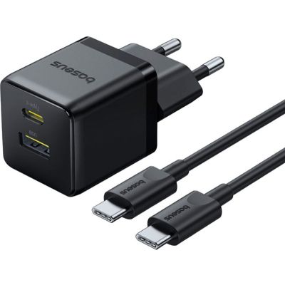   Baseus 1xUSB-C 30W + 1xUSB + cable USB-C to USB-C 60W 1.0m (P1011160A113-01) -  1