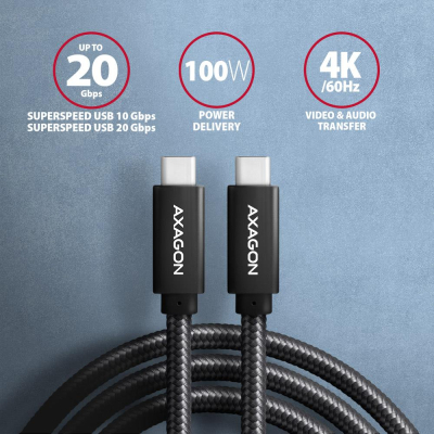 ���� ������ USB-C to USB-C 2.0m USB 3.2 Gen 2 PD 100W 5A 4K black AXAGON (BUCM32-CM20AB) - �������� 4