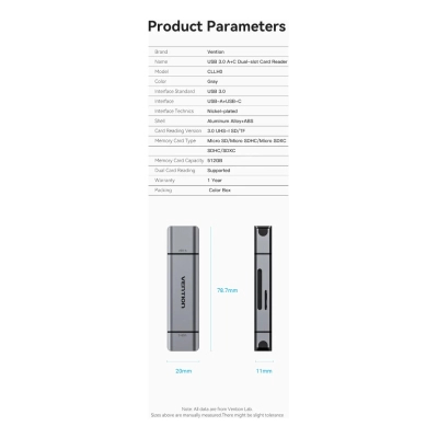 ��������� ����������� ����-���� Vention USB 3.0 AM/USB-C to SD+TF Gray Dual Drive Letter Aluminum Alloy (CLLH0) - �������� 4