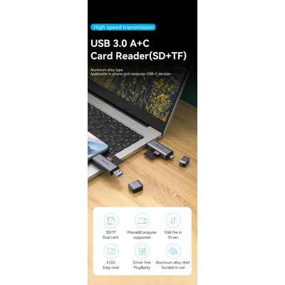 ��������� ����������� ����-���� Vention USB 3.0 AM/USB-C to SD+TF Gray Dual Drive Letter Aluminum Alloy (CLLH0) - �������� 5