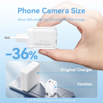 �������� ������� Vention 1xUSB-C PD70W + 1xUSB QC3.0 22.5W GaN transparent gray (FCGH0-EU) - �������� 5