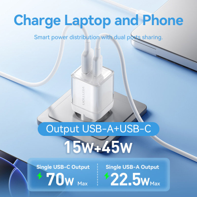 �������� ������� Vention 1xUSB-C PD70W + 1xUSB QC3.0 22.5W GaN transparent gray (FCGH0-EU) - �������� 8