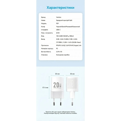 �������� ������� Vention USB-C PD20W GaN white (FEPW0-EU) - �������� 10