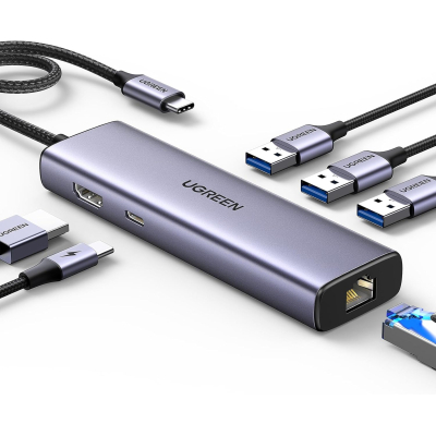 ������������ Ugreen USB-C 6-in-1 3xUSB 3.0 + HDMI 4K@30Hz + RJ45 1000Mbps + PD silver (15598) - �������� 1