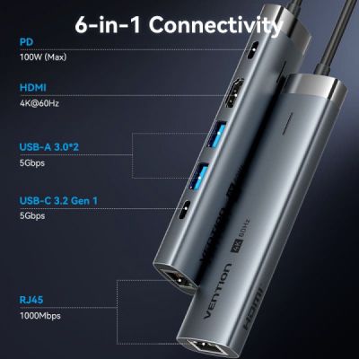 ������������ Vention USB-C 6-in-1 HDMI + 2xUSB 3.0 + RJ45 + PD 100W (TGNHB) - �������� 4