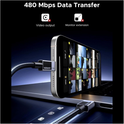 ���� ������ USB-C to USB-C 1.0m PD60W 3A braided L524 gray Ugreen (55765) - �������� 3