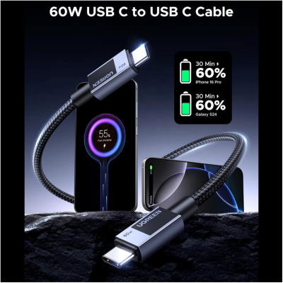 ���� ������ USB-C to USB-C 1.0m PD60W 3A braided L524 gray Ugreen (55765) - �������� 4