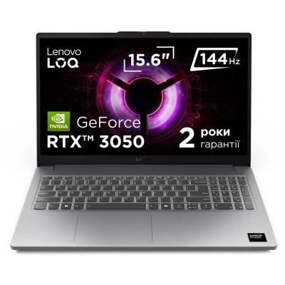 ������� 15" Lenovo LOQ 15ARP10E (83S000ECRA) Luna Grey, 15.6" (1920x1080, IPS, 144 ��), AMD Ryzen 5 150 (6�3.3-4.55GHz), 16GB DDR5, SSD 512GB, GeForce RTX 3050 6GB, LAN, Wi-Fi 6, Bluetooth 5.2, USB-C/2�USB 3.2, HDMI, 57.5Wh, DOS - �������� 1