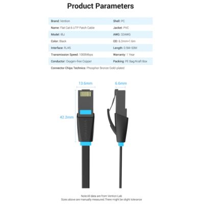 ����-���� 3�, UTP cat 6 RJ-45 flat black Vention (IBJBI) - �������� 9