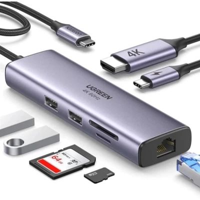 ������������ Ugreen USB-C 6-in-1 2xUSB-A + 1xUSB-C PD100W + DisplayPort 4K60Hz + 1xRJ45 1000Mbps black (75643) - �������� 4