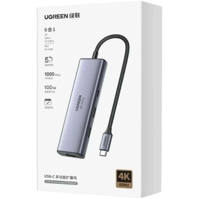 ������������ Ugreen USB-C 6-in-1 2xUSB-A + 1xUSB-C PD100W + DisplayPort 4K60Hz + 1xRJ45 1000Mbps black (75643) - �������� 6