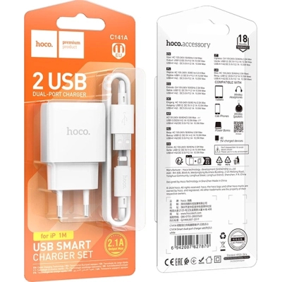 �������� ������� HOCO C141A 2xUSB + cable USB to Lightning white (6942007627870) - �������� 3