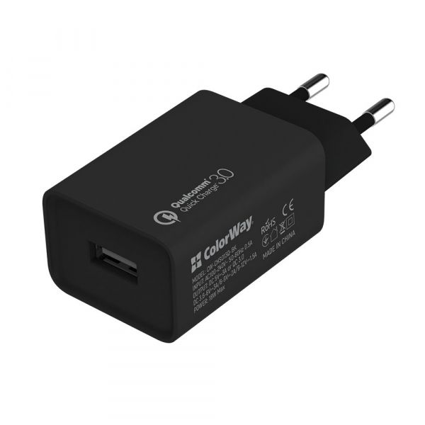   ColorWay 1USB Quick Charge 3.0 (18W) black + cable Type C (CW-CHS013QCC-BK) -  1