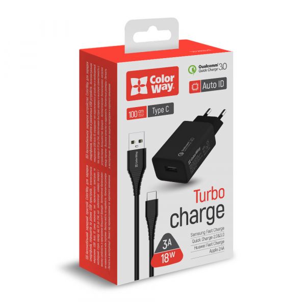   ColorWay 1USB Quick Charge 3.0 (18W) black + cable Type C (CW-CHS013QCC-BK) -  6