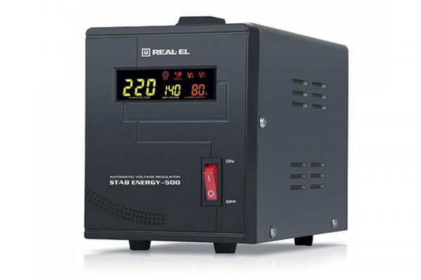  REAL-EL STAB ENERGY-500 Black, 1000VA, 400W,   220V+/-20%, 1  (Schuko), LED  -  1