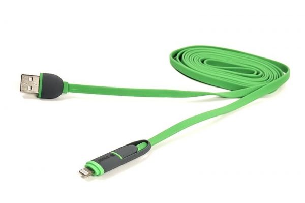 ������ PowerPlant Quick Charge 2A 2-�-1 flat USB 2.0 AM � Lightning/Micro, 2�, Green (CA910502) - �������� 1