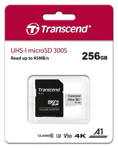   MicroSDXC 256GB UHS-I/U3 Class 10 Transcend 300S A1 R95/W45MB/s 4K + SD-adapter (TS256GUSD300S-A) -  2