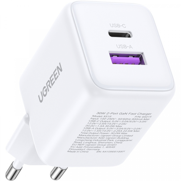 �������� ������� Ugreen X516 2xUSB 30W (USB-A + USB-C) White (65015) - �������� 2