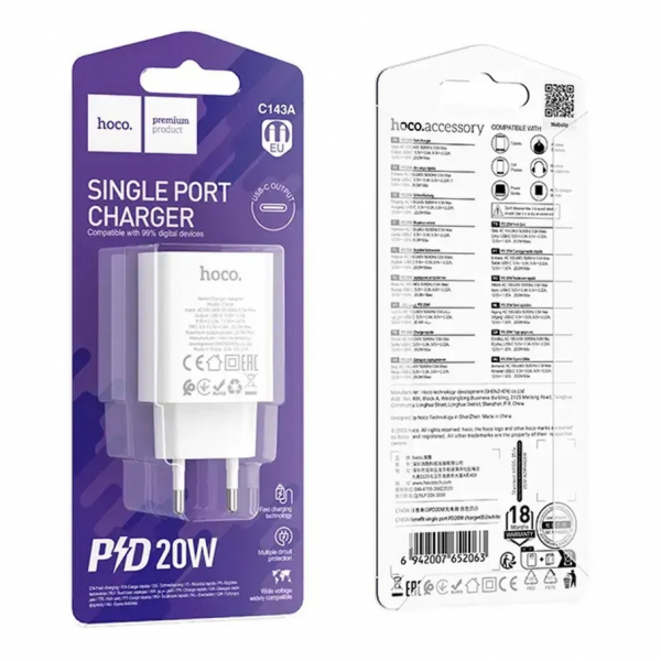 ��������� �������� ������� Hoco C143A (1USB-C, 3�) 20W White (6942007652063) - �������� 1