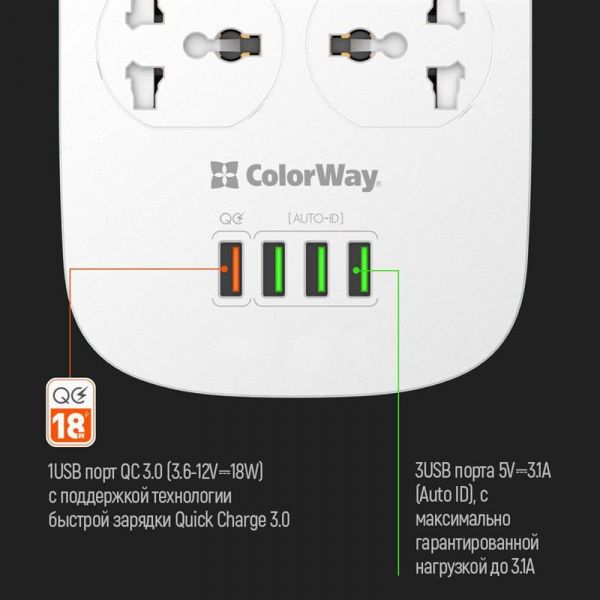   ColorWay CW-CHU44QW 4 , 4 USB (1QC3.0+3 AUTO ID), 1.8 ,  -  10