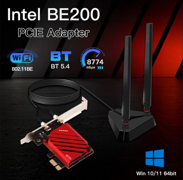 ������� ����� PCI-E x1, Fenvi FV-BE8800Pro, WiFi 7 (�� 8800 Mbps), Bluetooth 5.4, Intel BE200, ��������, 2 ������� �������, ��������� (!!! �������� ������ � ������������ Intel !!!) - �������� 1