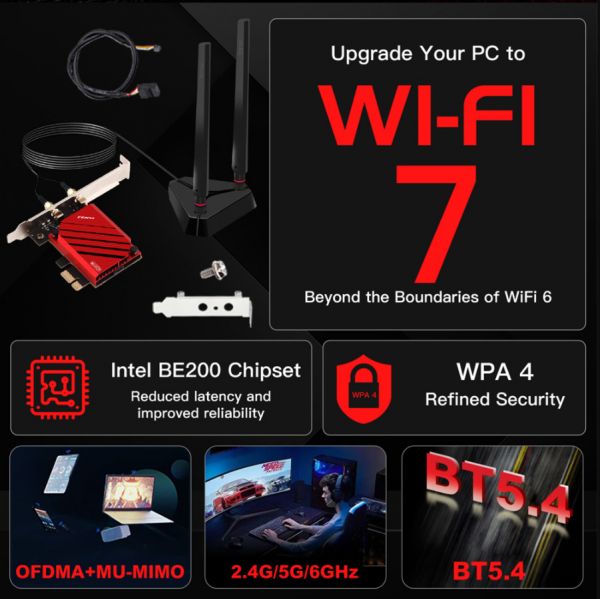 ������� ����� PCI-E x1, Fenvi FV-BE8800Pro, WiFi 7 (�� 8800 Mbps), Bluetooth 5.4, Intel BE200, ��������, 2 ������� �������, ��������� (!!! �������� ������ � ������������ Intel !!!) - �������� 2