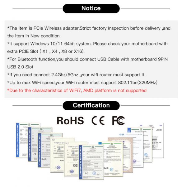 ������� ����� PCI-E x1, Fenvi FV-BE8800Pro, WiFi 7 (�� 8800 Mbps), Bluetooth 5.4, Intel BE200, ��������, 2 ������� �������, ��������� (!!! �������� ������ � ������������ Intel !!!) - �������� 7