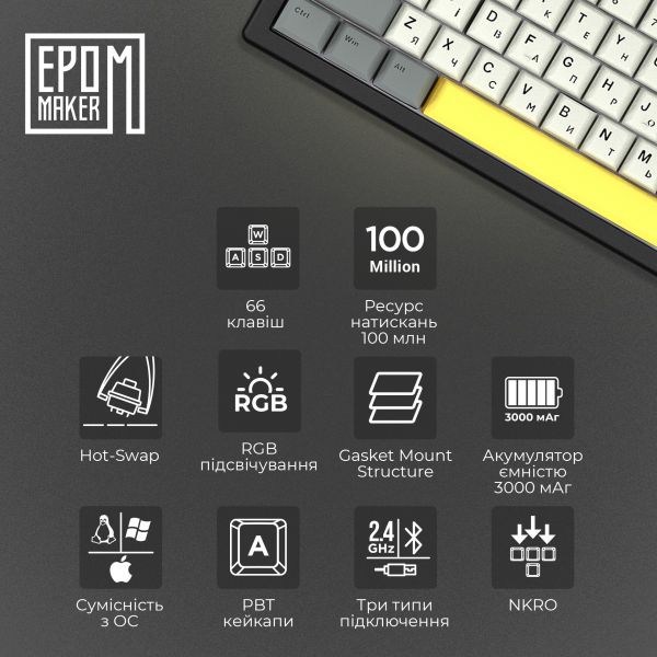 ��������� ���������� Epomaker EK68 65% Flamingo Switch Hot-Swap (2.4G/BT/USB) RGB UA Black (EK68-B-F) - �������� 9